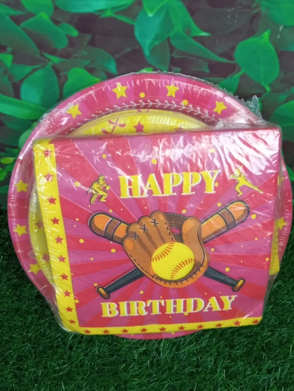 💩 Happy Birthday Baseball Paper Plates and Napkins Set - Red and Yellow